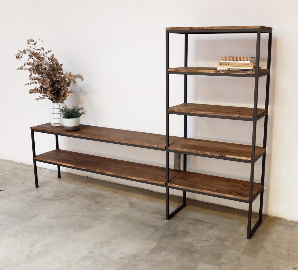libreria mueble televisor hierro y madera rojosillon