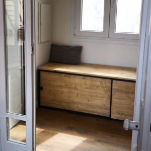 DISEÑO DE MUEBLES A MEDIDA BANCO ZAPATERO HIERRO Y MADERA SALON ROJOSILLON