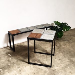mesa y banco baldosa barcelona hierro y madera a medida